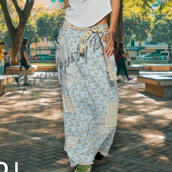 POL Boho Pastels with a Grunge Flare Patchwork Floral Raw Edge Denim Jean Skirt - Picture 2 of 8